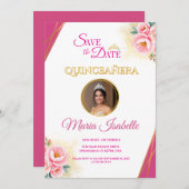 Invitation Pink Floral & Gold Quinceañera Enregistrer la cart (Devant / Derrière)