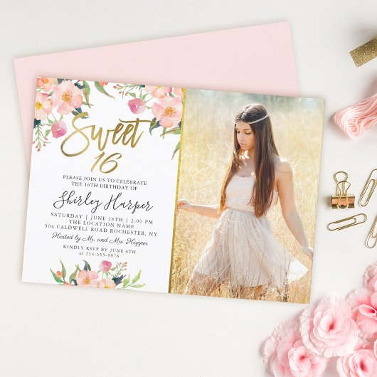 Invitation Pink Floral Gold Script Sweet 16 Anniversaire Phot