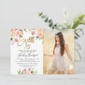 Invitation Pink Floral Gold Script Sweet 16 Anniversaire Phot (Debout devant)
