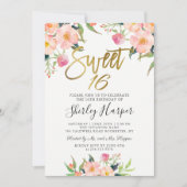Invitation Pink Floral Gold Script Sweet sixteen 16 Anniversa (Devant)