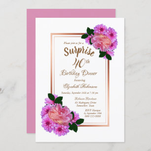 Invitation Pink Floral Gold Surprise Dîner d'anniversaire 40e