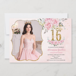 Invitation Pink Floral Gold Sweet Sixteen 16th Birthday Photo
