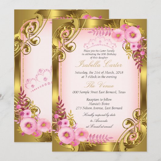 Invitation Pink Floral Gold Tiara fête d'anniversaire (Devant / Derrière)