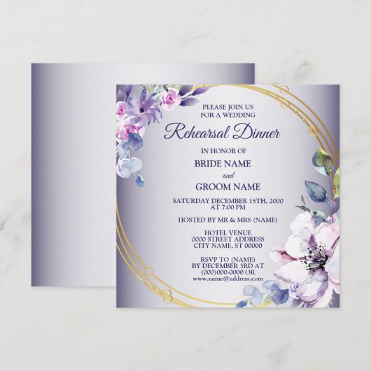 Invitation Pink Floral Golden Purple Wedding Rehearsal Dinner (Devant / Derrière)
