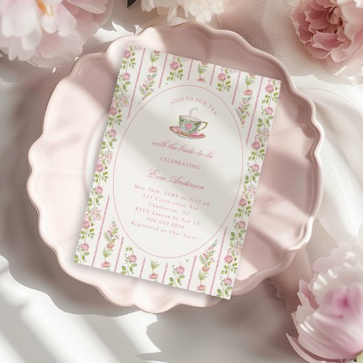 Invitation Pink Floral Grandmillennial Bridal Tea Party 