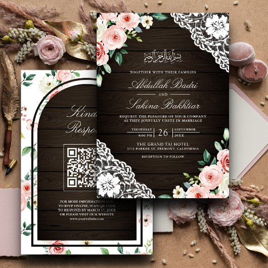 Invitation Pink Floral Grange bois dentelle QR Code Mariage m