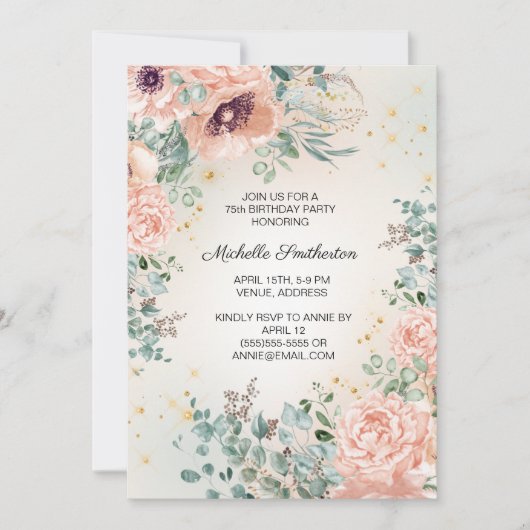 Invitation Pink Floral Greenery Gold Parties scintillant 75e (Devant)