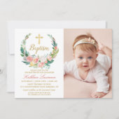 Invitation Pink Floral Greenery Wreath Girl Baptism Photo (Devant)