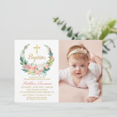 Invitation Pink Floral Greenery Wreath Girl Baptism Photo (Debout devant)