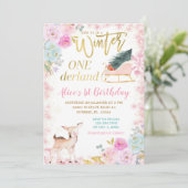Invitation Pink Floral Hiver Onederland Sleigh Anniversaire (Debout devant)