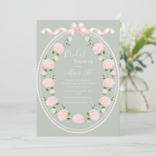 Invitation Pink Floral Hydrangea Sage Green Elegant Bridal (Debout devant)
