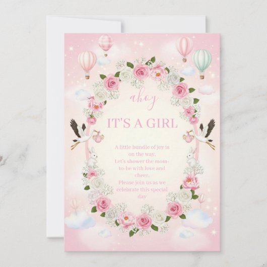 Invitation Pink Floral "It's a Girl" Baby Shower Invite (Devant)