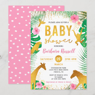 Invitation Pink Floral Jungle Animaux Safari Baby shower fill