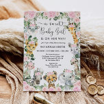 Invitation Pink Floral Jungle Safari Animaux Fille Baby showe<br><div class="desc">Célébrez l'arrivée prochaine de votre petit sauvage avec cette invitation de baby shower à thème de safari dans la jungle fantaisiste. Le design comprend un groupe d'adorables animaux de safari et de jolies aquarelles de fleurs roses vertes et vertes</div>