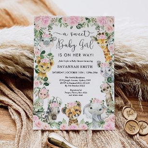 Invitation Pink Floral Jungle Safari Animaux Fille Baby showe