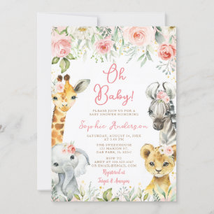 Invitation Pink Floral Jungle Safari Animaux Fille Baby showe