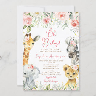 Invitation Pink Floral Jungle Safari Animaux Fille Baby showe