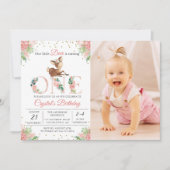 Invitation Pink Floral Little Deer Photo Premier anniversaire (Devant)