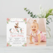 Invitation Pink Floral Little Deer Photo Premier anniversaire (Debout devant)