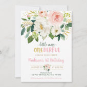 Invitation Pink Floral Little Miss Onederday premier annivers (Devant)