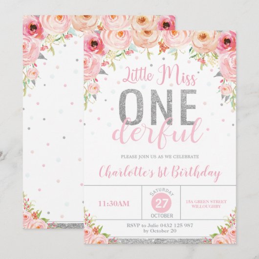 Invitation Pink Floral Little Miss Onederful 1er anniversaire (Devant / Derrière)