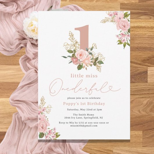 Invitation Pink Floral Little Miss Onederful 1er anniversaire