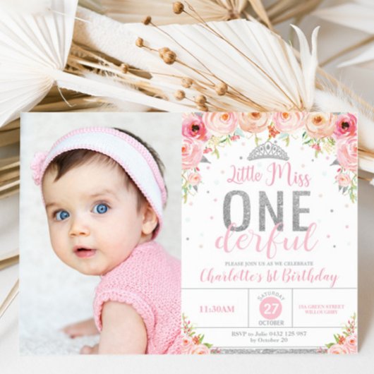 Invitation Pink Floral Little Miss Onederful 1er anniversaire
