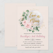 Invitation Pink Floral Love You Two the Moon 2e anniversaire (Devant / Derrière)