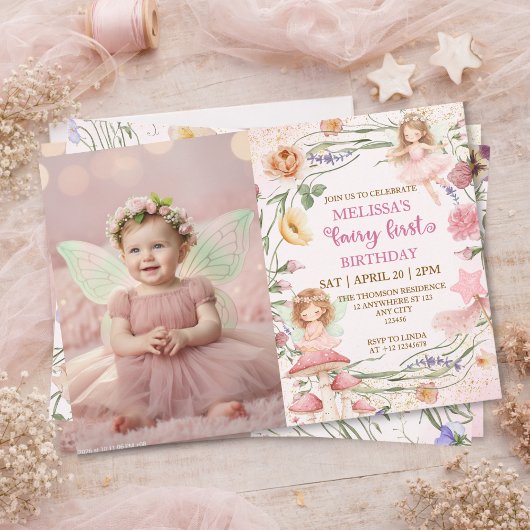 Invitation Pink Floral Magical Fairy First Birthday Photo 