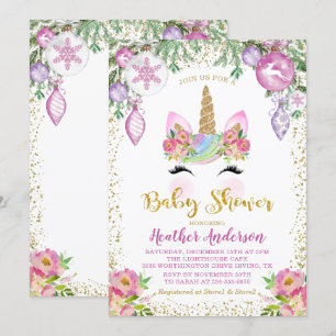 Invitation Pink Floral Magique Noël Unicorn Baby shower
