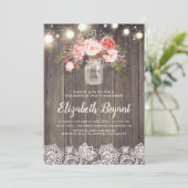 Invitation Pink Floral Mason Jar Rustic Lace Graduation Party (Debout devant)