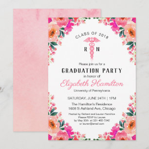 Invitation Pink Floral Médicale Nursing School Graduation