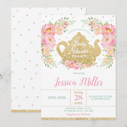 Invitation Pink Floral Mint Baby shower Tea Party Baby Girl (Devant / Derrière)