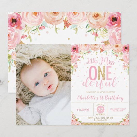 Invitation Pink Floral Miss Onederful 1er anniversaire Photo (Devant / Derrière)