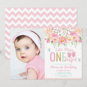 Invitation Pink Floral Miss Onederful 1er anniversaire Photo