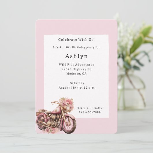 Invitation Pink Floral Motorcycle Birthday   (Debout devant)
