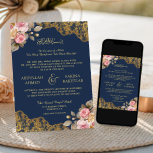 Invitation Pink Floral or dentelle marine bleu Mariage musulm