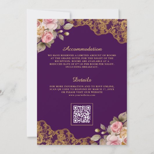 Invitation Pink Floral Or dentelle violet Mariage musulman (Dos)