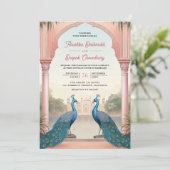 Invitation Pink Floral Peacocks Royal Indian Palace Wedding (Debout devant)