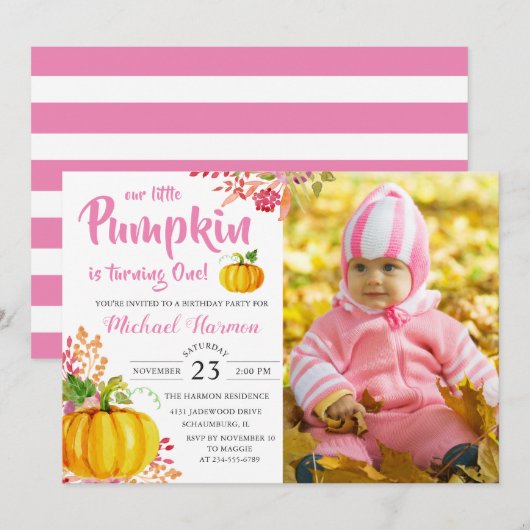 Invitation Pink Floral Petit Citrouille Automne Anniversaire (Devant / Derrière)