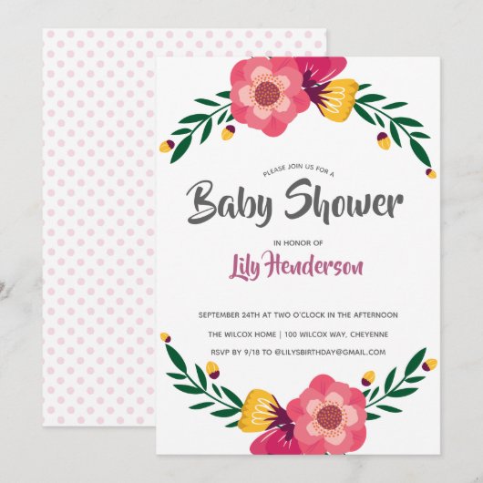 Invitation Pink Floral Polka Baby shower Party (Devant / Derrière)