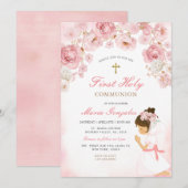 Invitation Pink Floral Praying Girl Illustration Gold Cross (Devant / Derrière)
