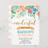 Invitation Pink Floral Premier Anniversaire (Devant / Derrière)