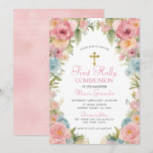 Invitation Pink Floral Première sainte communion (Devant / Derrière)