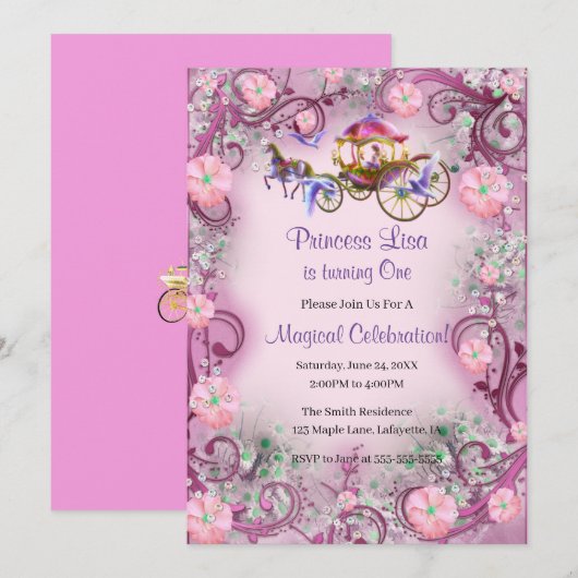 Invitation Pink Floral Princess Fairy Tail 1er anniversaire (Devant / Derrière)