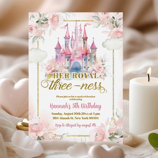 Invitation Pink Floral Princess Royal Castle 3e anniversaire