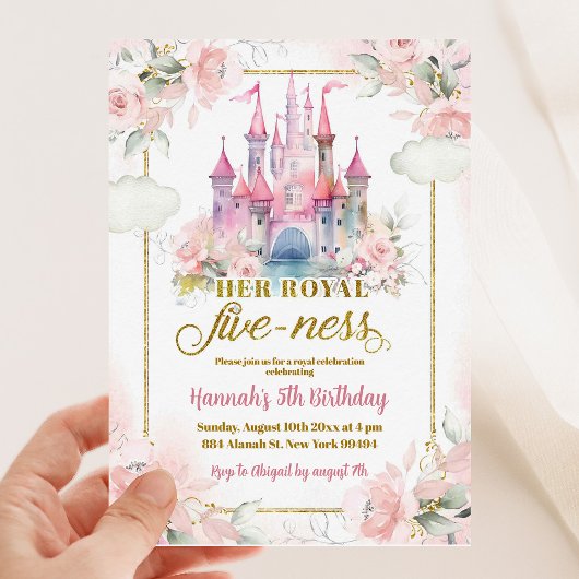 Invitation Pink Floral Princess Royal Castle 5e anniversaire