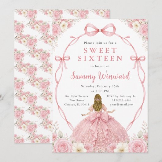 Invitation Pink Floral Princess Sweet Sixteen Birthday Party (Devant / Derrière)