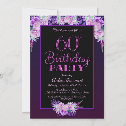 Invitation Pink Floral Purple 60e fête d'anniversaire (Devant)
