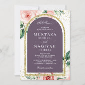 Invitation Pink Floral Purple Arch QR Code Mariage musulman (Devant)